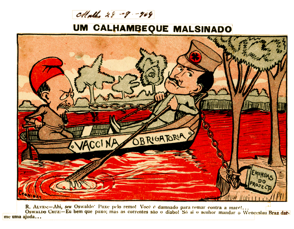 Caricatura sobre a varí­ola entitulada 'Um calhambeque malsinado'. No desenho, Oswaldo Cruz está¡ navegando em um barco sobre um rio de sangue